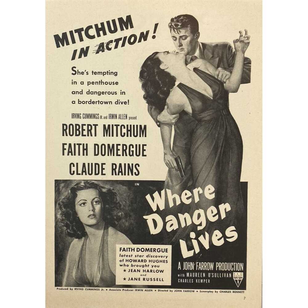 RKO Radio Pictures "Where Danger Lives" Robert Mitchum Faith Domergue Ad 1950